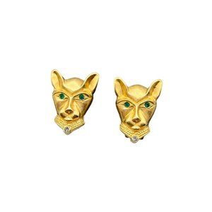 JACKIE COLLINS Panther Clip On Earrings Matte Gold Tone and Emerald Green Eyes